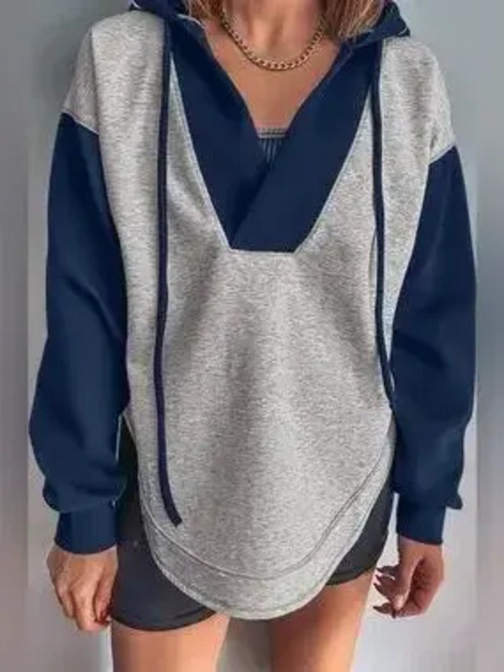 Color Block Patchwork V Neck Drawstring Hoodie - Picture 2 of 9